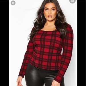 Plus size-red plaid-Puff sleeve
